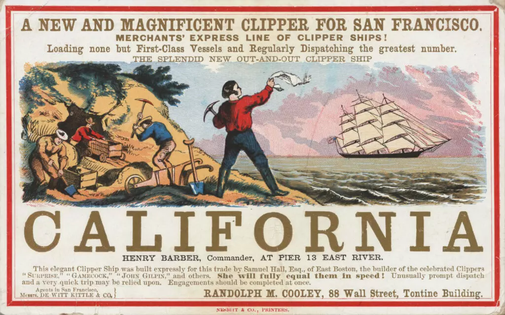 California Clipper. Segelkarte mit Szenen des Goldrauschs in Californien