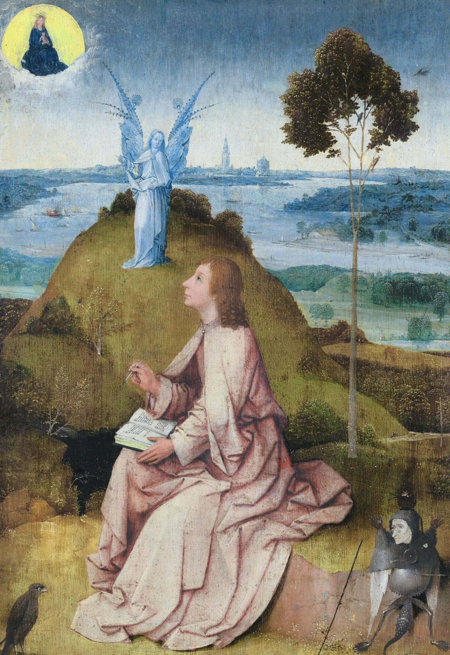 Jphannes der Täufer, seitlich sitzend mit einem faltenreichen Gewand auf einem Fels. Er empfängt die Offenbarung. Im Himmel weit oben am Himmel schwebt eine Madonna, hinter Johannes ein Engel.