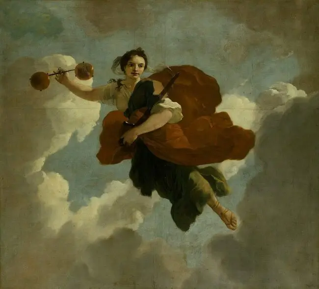 Die Göttin Justitia fliegt durch die Wolken, in einer Hand eine Waage, in der anderen en Schwert.