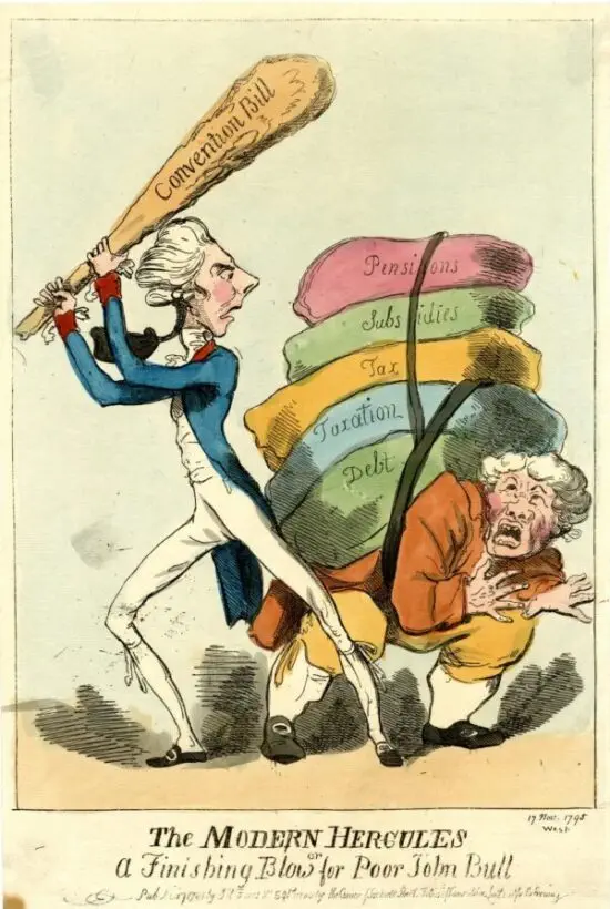 ein in typischer Kleidung des 18. Jahrhiunderts mit Perücke und blauem Rock gekleideter Politiker holt mit einer großen Keule aus, um eine Person mit Namen John Bull . Auf der Keule ist die Aufschrift 