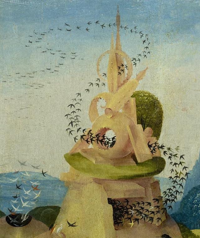 Hieronymus Bosch. Ausschnitt aus "Garten der Lüste": DerVogelschwarm.