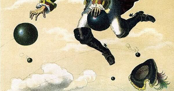 Baron von Münchhausen fliegt auf einer Kanonenkugel