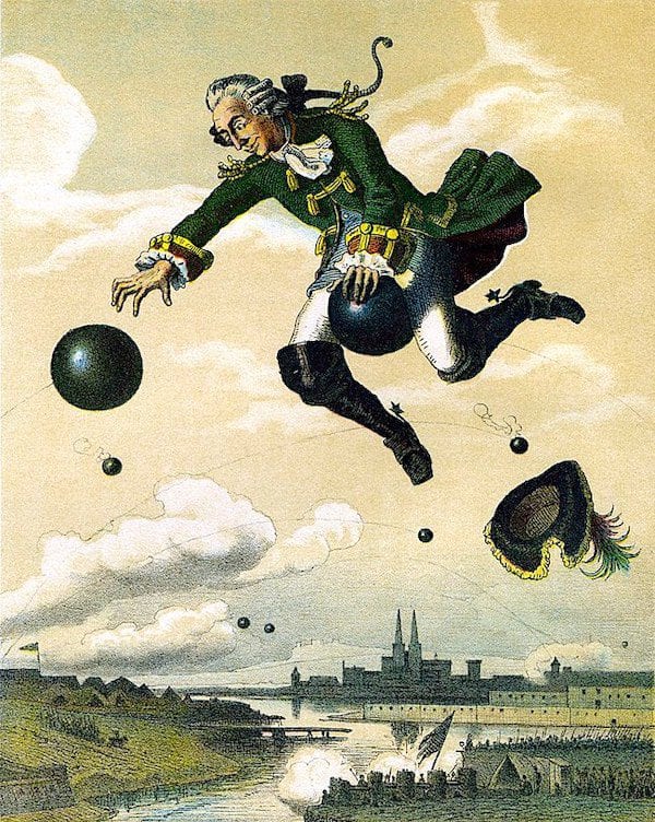 Baron von Münchhausen fliegt auf einer Kanonenkugel