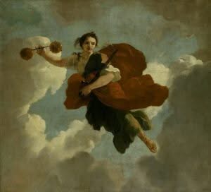 Die Göttin Justitia fliegt durch die Wolken, in einer Hand eine Waage, in der anderen en Schwert.