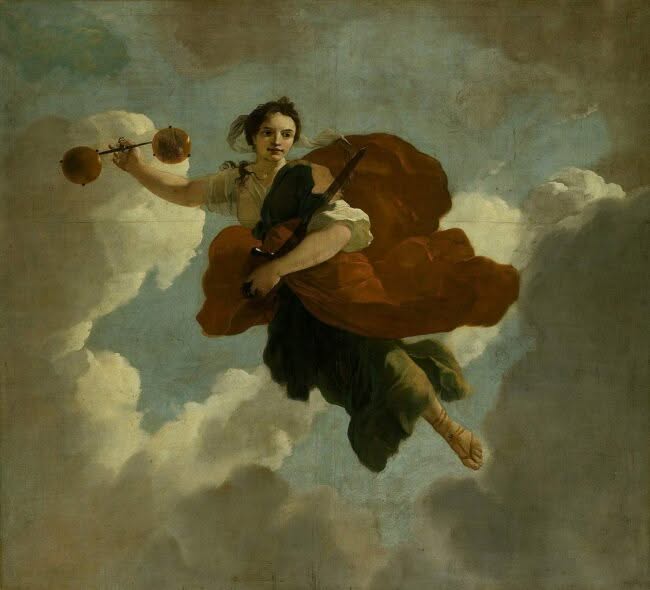 Die Göttin Justitia fliegt durch die Wolken, in einer Hand eine Waage, in der anderen en Schwert.